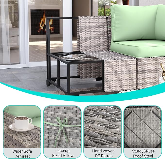 6-Piece Outdoor Patio Furniture Set Wicker Sectional Sofa Set, Patio Conversation Set with Thickened Cushions & Coffee Table for Garden, Backyard, Poolside, Light Green