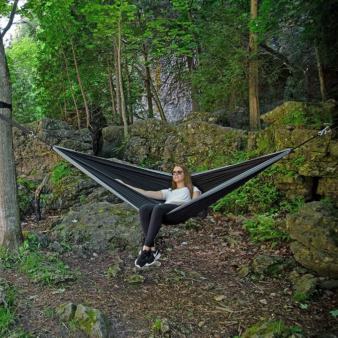 Vivere Double Parachute Camping Hammock, Includes Stuff-Sack (Black/Grey)