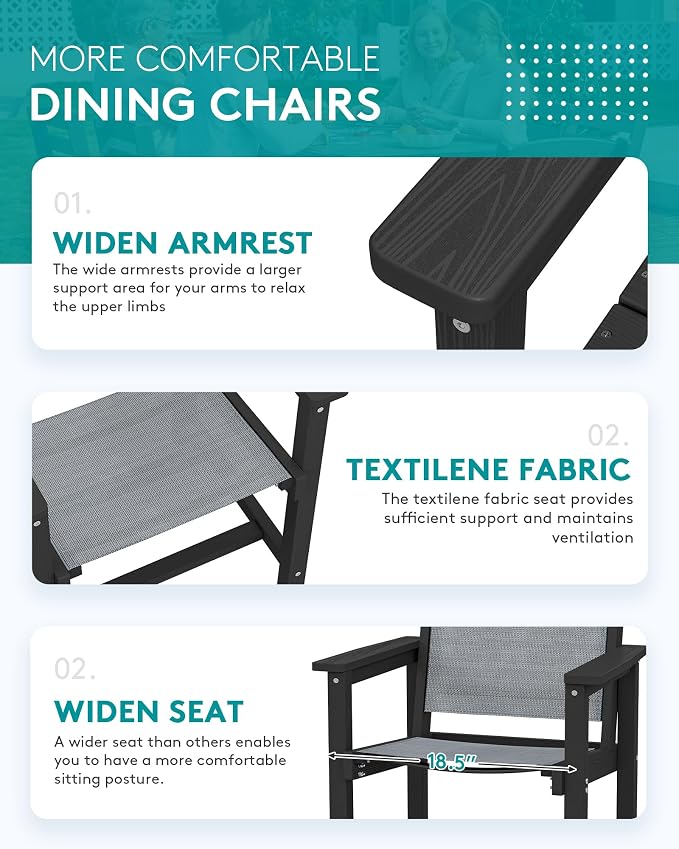 SERWALL Outdoor Dining Chairs Set of 2, Black | All-Weather HDPE and Patio Textilene Chairs Suitable for Outdoor Dining Table