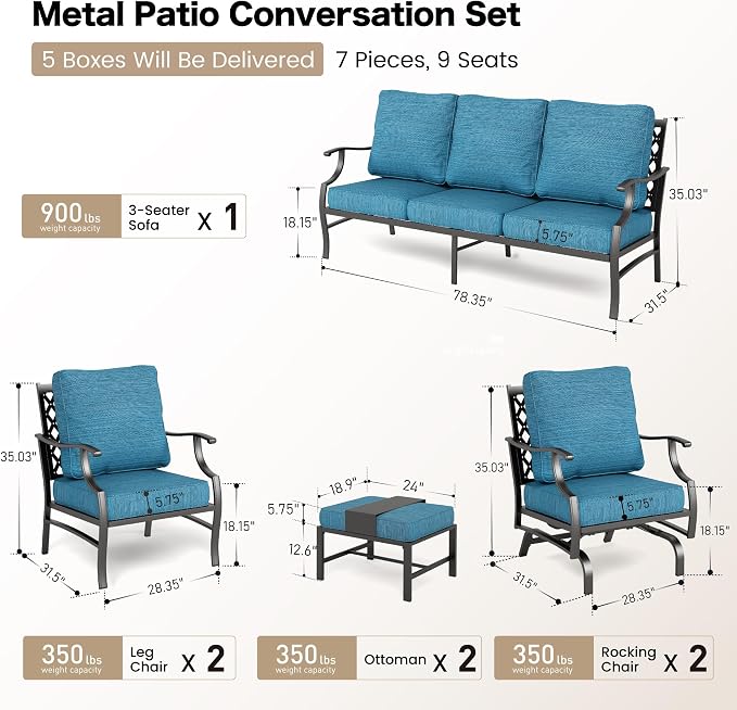 SUNSHINE VALLEY 7 Piece Metal Outdoor Patio Furniture Sets, Patio Conversation Sets 3-seater Sofa, 2 Fixed Chair, 2 Rocking Chair, 2 Ottomans with 5.75" Thick Cushion, Black Backyard Furniture, Blue-2