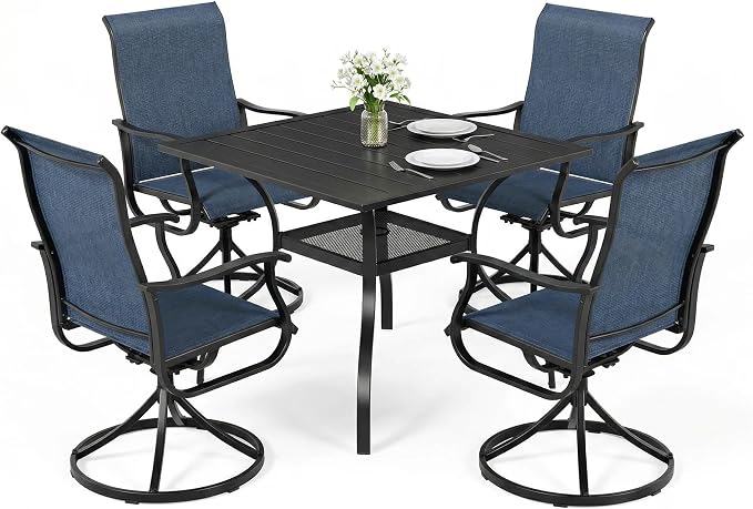 Crownland 5 Piece Patio Dining Set, 4 Swivel Metal Chairs and Square Outdoor Dining Table with 1.57" Umbrella Hole, Outdoor Furniture Dining Set for Lawn, Backyard, Garden(Blue)