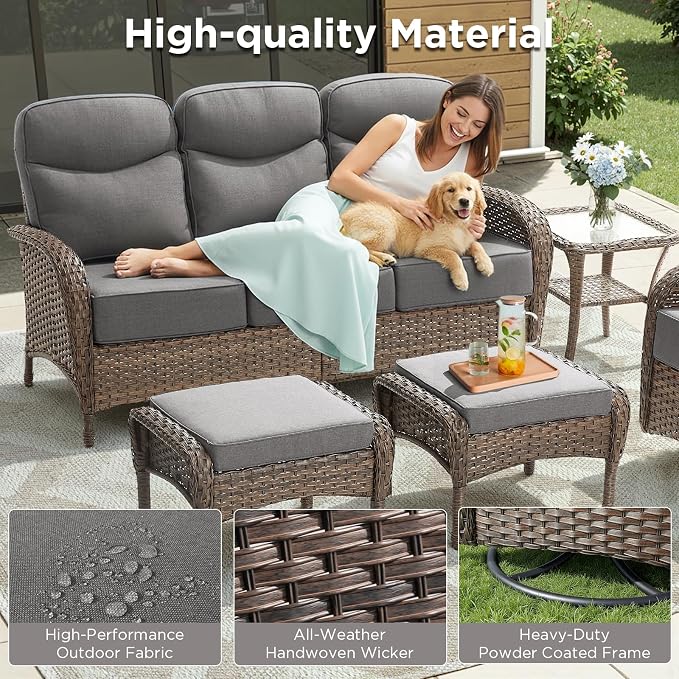8 Pieces Luxury Outdoor Patio Furniture Set with 6-Inch Thick Cushions, Wicker Outdoor Furniture with High Back Swivel Patio Chairs Set of 4, Patio Conversation Set for Deck Garden Porch, Gray