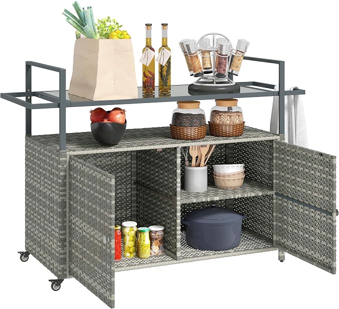 Outsunny PE Rattan Outdoor Storage Cabinet, Wicker Outdoor Bar Table Kitchen Island with Wheels & 2-Tier Shelf, Patio Serving Cart with Glass Top, Handles, Towel Racks for Poolside, Mixed Gray
