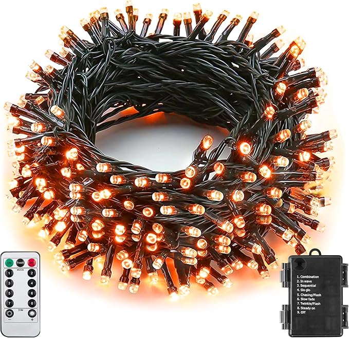 Orange Halloween String Lights Outdoor 100LED Battery Operated Fairy Lights with Waterproof Remote Timer for Garden Party Holiday Thanksgiving Day Halloween Décor