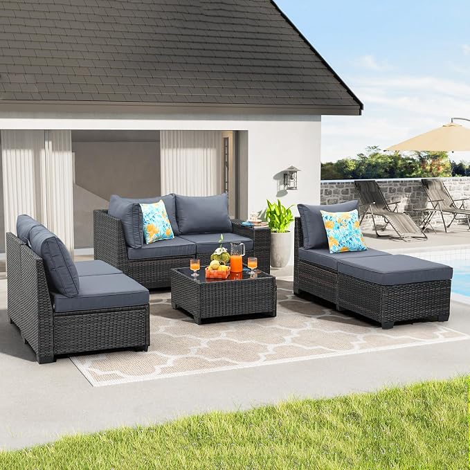 JOYURE 7 Pieces Patio Furniture Set All-Weather Outdoor Wicker Sectional Conversation Sofa Rattan Patio Seating Sofa with Cushion and Glass Table for Porch Poolside,Grey
