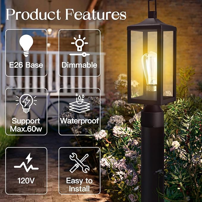 17 Inch Outdoor Lamp Post Light Fixture, Exterior Pillar Lights Post Sconce for Residential Sidewalk Pier Mount Outdoor Light, E26