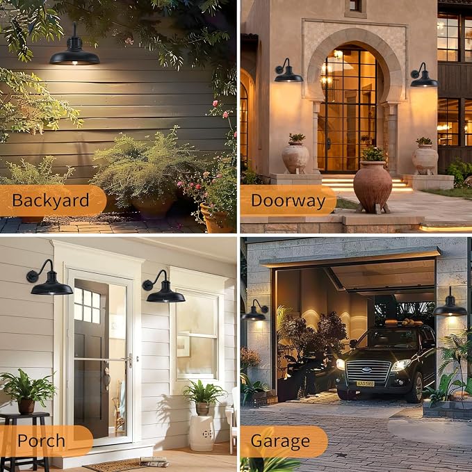 13.8'' Diameter Large Dusk to Dawn Outdoor Gooseneck Barn Light, 2 Packs | Outdoor Wall Sconce Farmhouse Exterior Lighting Fixture Industrial Outside Lantern for Porch, Patio, Garage, Black