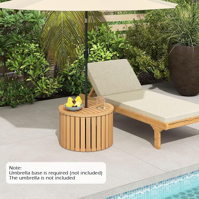 HAPPYGRILL Outdoor Side Table with Umbrella Hole, Acacia Wood End Table with Storage, Removable Base, Patio Storage Box for Backyard, Balcony, Poolside (Round)