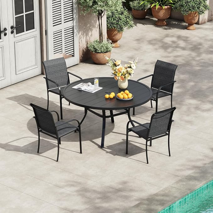 VICLLAX 5 Pieces Patio Outdoor Dining Set, 40.6" Round Metal Table with Umbrella Hole and 4 Stackable Textilene Chairs for Patio, Lawn, Garden, Porch, Black Table/Grey Chair