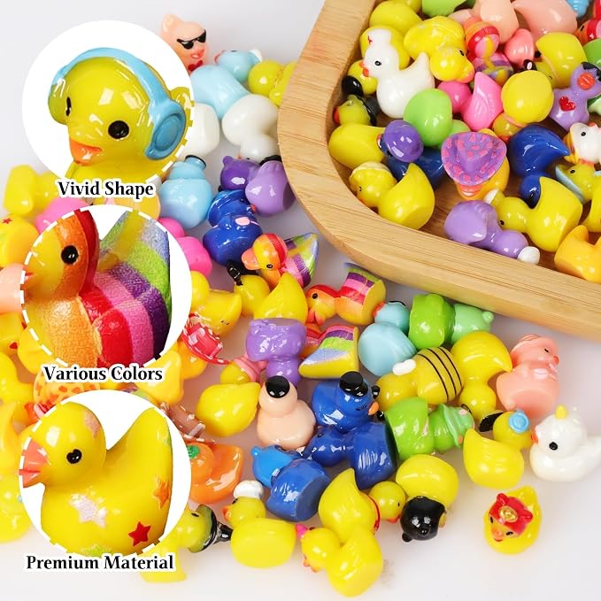 100 Pack Multicolor Mini Resin Ducks to Hide, 35 Unique Styles Solid Little Ducks, Tiny Miniature Duck Figures Bulk for Garden, Terrarium, Potted Plants & Micro Landscape Decor