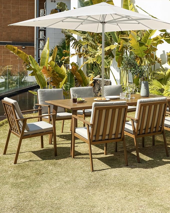 Never-Rust Outdoor Patio Dining Table for 8, 84.6"x38" Outdoor Aluminum Dining Table with 2.2" Umbrella Hole, 8 Person Patio Furniture Dining Table for Garden, Backyard, Porch, Teak