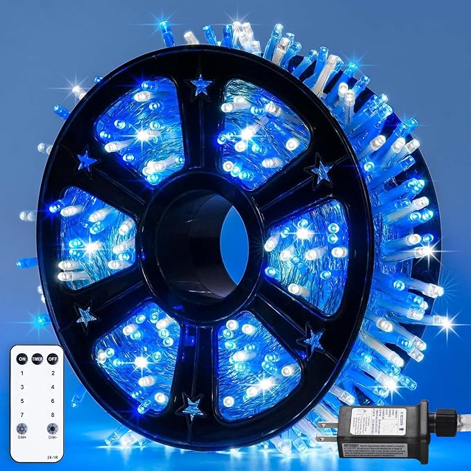 JMEXSUSS 163ft 500 LED Blue and White Christmas Lights with 8 Modes | String Lights Plug in with Remote Control, Clear Wire Christmas String Lights Outdoor Waterproof for Outside Tree Yard