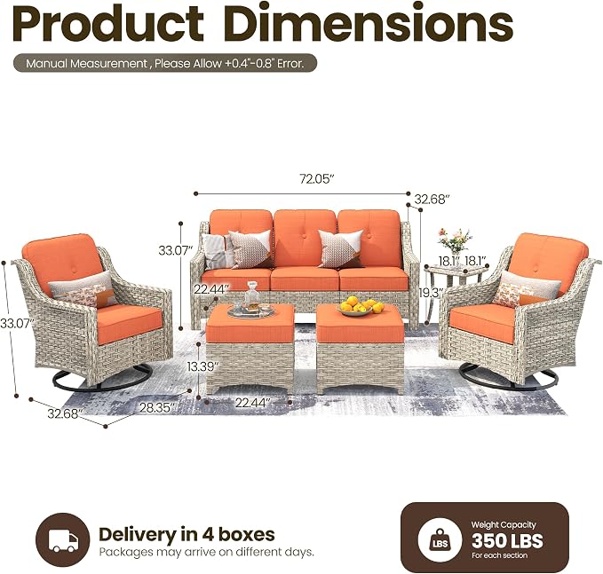 6 Piece Patio Furniture Set with Swivel Rocker Chairs, Outdoor Wicker High Back Sofa Glider Chair Ottoman with Cushion, All Weather Conversation Sets for Backyard Poolside Deck Bold Orange