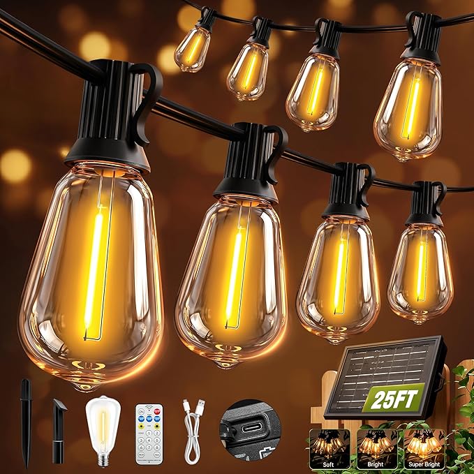 Solar String Lights Outdoor Waterproof with Remote & Timer, LED Shatterproof ST38 Bulbs, USB & Solar Powered Patio Lights for Backyard, Porch, Garden, Wedding, Christmas Decor (25FT)