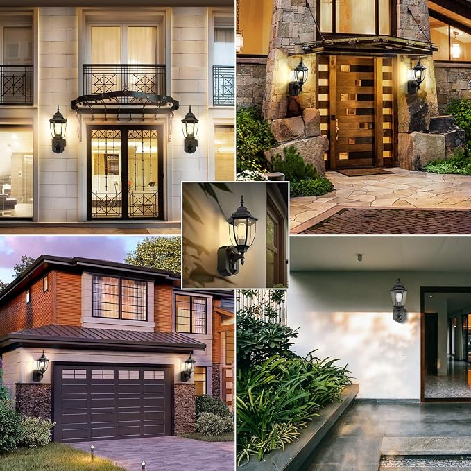 2 Pack Porch Lights Outdoor with Outlet, Motion Sensor outdoor wall lights, Updated Dusk to Dawn Exterior Lighting Fixtures Waterproof Anti-Rust Aluminum Outside for House Entryway Garage, Black