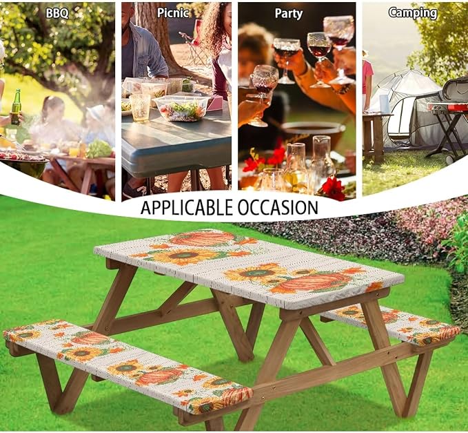 Fall Picnic Table Cover with Bench Covers Rectangle Pumpkin Sunflower Fitted Picnic Table Cover with Bench Covers Washable Table Cover Outdoor Patio Camping Essentials 72x30 Inches