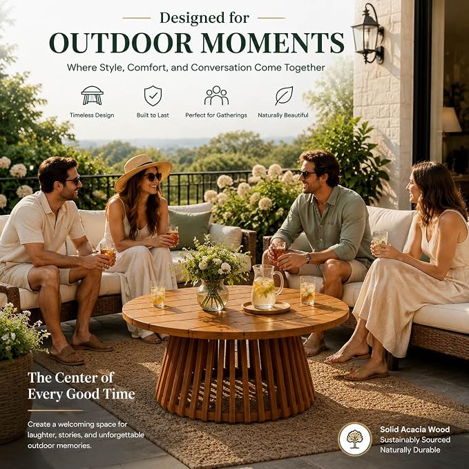 Round Outdoor Coffee Table for Patio, 31.5 Inch Acacia Wood Side Table with Slatted Pedestal Base, Farmhouse Outside Coffee Table for Garden, Balcony, Poolside, Porch, Weather-Resistant, Teak