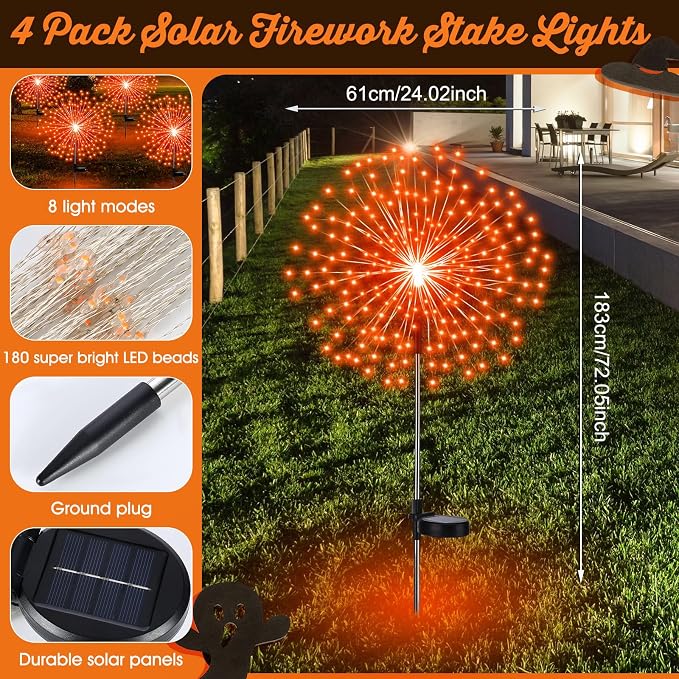 Tujoe 6 Pcs Fall Solar Firework Stake Lights 180 LED 8 Modes Solar Waterproof LED Sparkler Lights Outdoor Decoration for Summer Halloween Xmas Holiday Garden Patio Yard Pathway Walkway, Orange