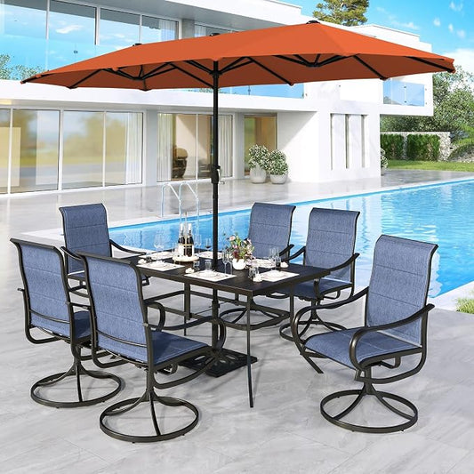 MFSTUDIO Outdoor Dining Set for 6, Patio Furniture Set with Orange Red Umbrella (Base not Included), Outdoor Rectangle Metal Table and 6 Padded Navy Sling Chairs Set for Patio, Deck, Backyard, Garden