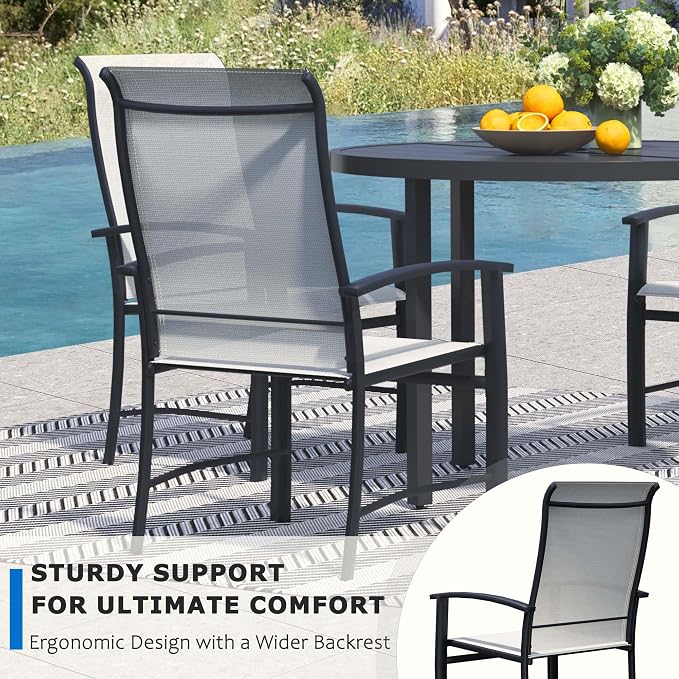 9-Piece Outdoor Dining Set for 8 – 60" Black Round Patio Table with Umbrella Hole & 8 White Outdoor Dining Chairs with Armrests, Large Poolside Furniture