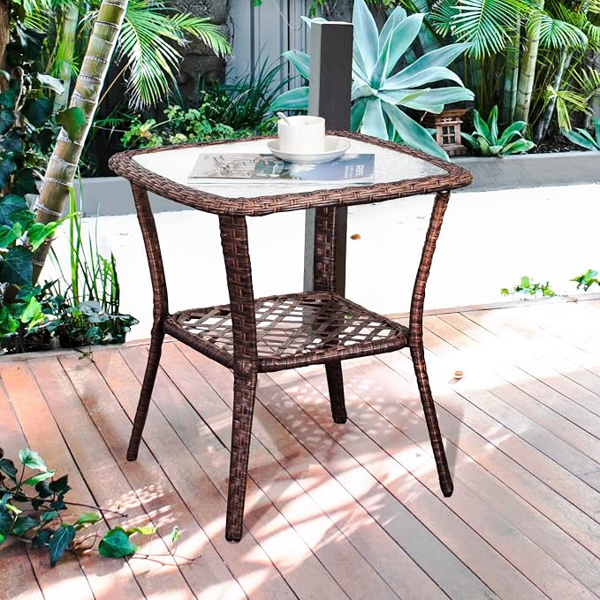 DIMAR GARDEN Outdoor Side Table Wicker Patio Coffee Table with Glass Top and Storage Shelf,Mixed Brown