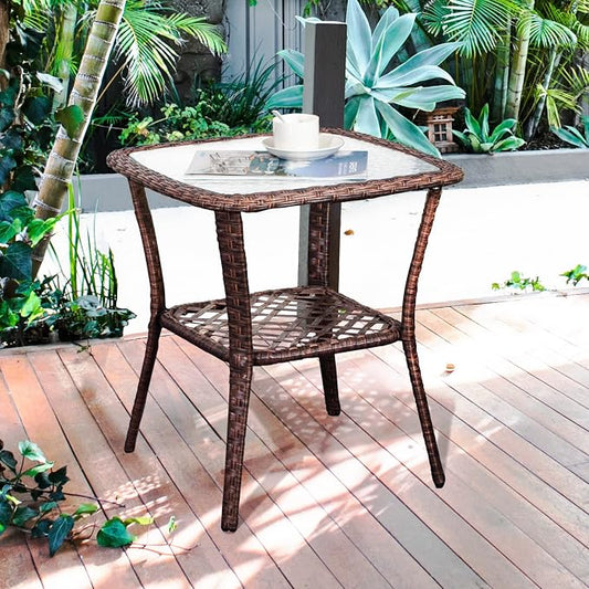 DIMAR GARDEN Outdoor Side Table Wicker Patio Coffee Table with Glass Top and Storage Shelf,Mixed Brown