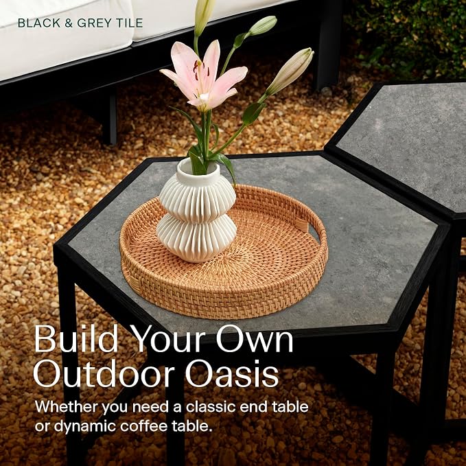 Honeycomb Indoor/Outdoor Omni Table: Weather, Rust, Heat, and Stain Resistant, Flexible Design to Stand Alone or be Combined, Stylish Yet Sturdy, Grey Tile Top, Steel Frame with Ebony Finish