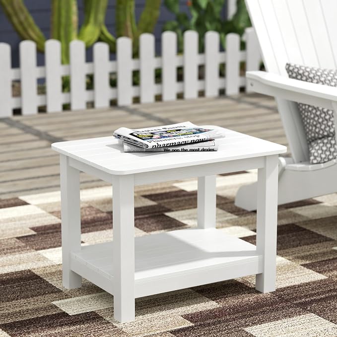 WestinTrends Tuscany Outdoor Side Table, All Weather HIPS 2 Tier Adirondack Small Patio Table with Storage, White