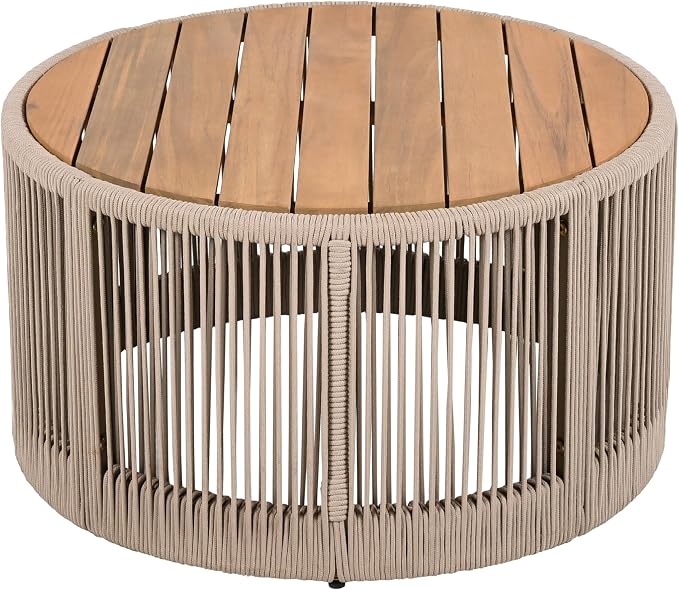 Christopher Knight Home Aueket Rustic Acacia Wood Coffee Table, 26" Round Farmhouse Outdoor Patio Center Table, Boho Home Decor, Iron Frame Rope Design, 220lbs Capacity, Easy Assembly, Teak+ Beige