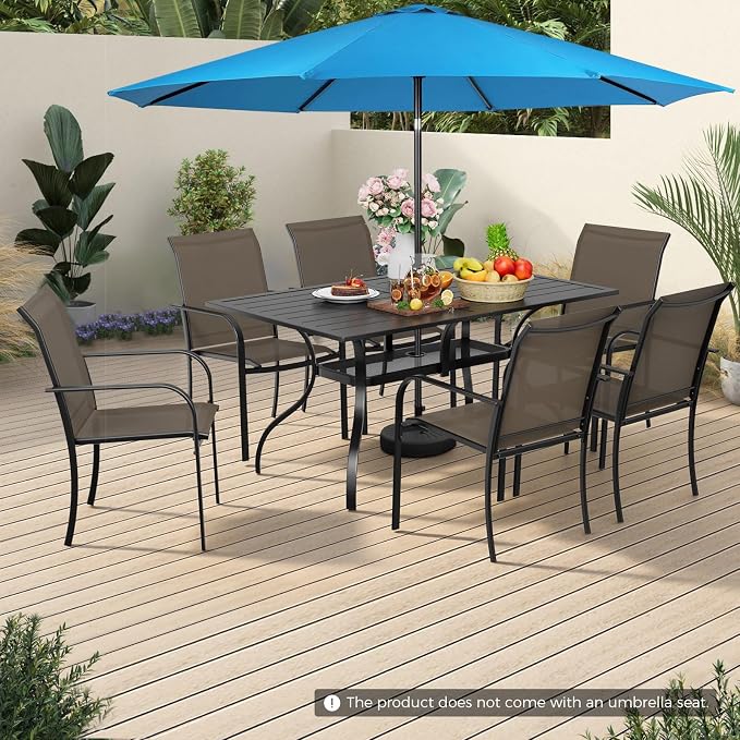 Incbruce 8 Pieces Patio Dining Set with Sky Blue Umbrella, Outdoor Dining Set of 6 Textilene Chairs and Rectangle Table with Umbrella Hole for Backyard, Garden, and Poolside (Brown)