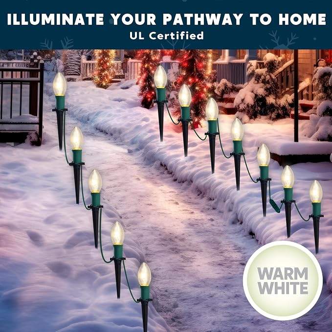 Joiedomi Christmas C9 Pathway Lights Outdoor Decorations 24 Packs, 30.75ft Xmas Warm White Pathway Marker String Lights for Holiday Waterproof Outside Yard Garden, Party, Walkway Decor