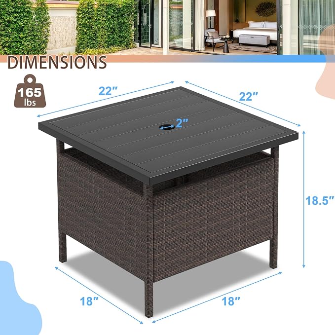 RELAX4LIFE Patio Table with Umbrella Hole, Wicker Rattan Bistro Dining Side Table with Metal Frame, 22'' Square Umbrella Stand Holder for Poolside Backyard Garden Deck, Outdoor Side Table
