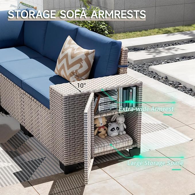12-Piece Outdoor Patio Furniture Set, Modular Sectional Sofa Set with Glass Coffee Table and Cushions, Wicker Outdoor Couch Conversation Sets, Blue