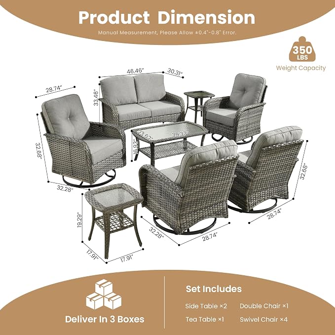 CAODOC 8-Piece Wicker Patio Furniture Set, All-Weather Rattan Conversation Bistro Loveseat Chair and Patio Rockers Set for Backyard, Balcony and Deck with Soft Cushions and Metal Table(Dark Gray)