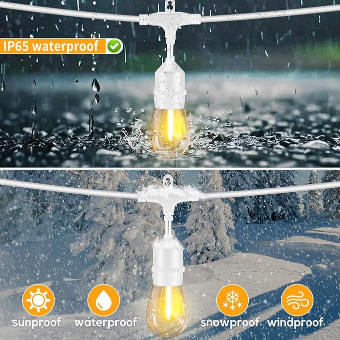 Outdoor String Lights White LED Waterproof 100FT for Patio Backyard Wedding | Linkable White Outdoor Lighting IP65 Weatherproof , 30+2 Plastic Dimmable Edison Bulbs for Outside Bistro Garden Porch Gazebo