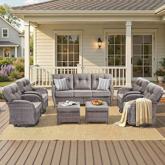 7-Piece Wicker Patio Furniture Set with 5-Inch Thick Cushions Weather Resistant Rattan High Back Swivel Rocker Chairs Senior Friendly Conversation Set for Small Porch Deck Sunroom Brown/Grey