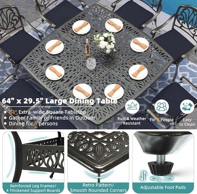 MEETWARM 9-Piece Outdoor Patio Dining Set for 8, All Weather Cast Aluminum Patio Funiture Table and Chairs Set- 64" Square Table and 4 Swivel Rocker Chairs, 4 Stationary, Umbrella Hole, Navy Blue
