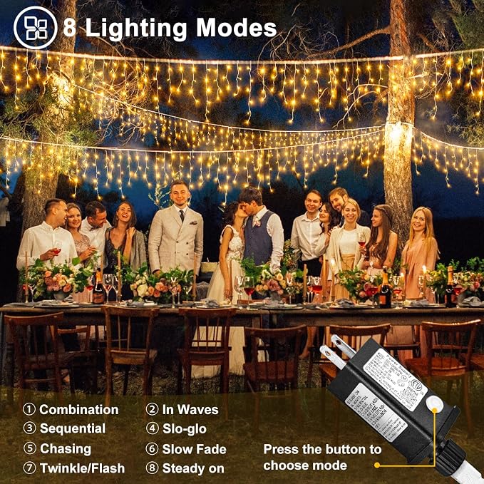 33ft 400 LED Icicle Lights for Outside Warm White Christmas Lights Outdoor | Plug in Connectable Twinkle Lights 8 Modes Timer Waterproof for House Patio Eaves Window Party Indoor Holiday Xmas Decoration