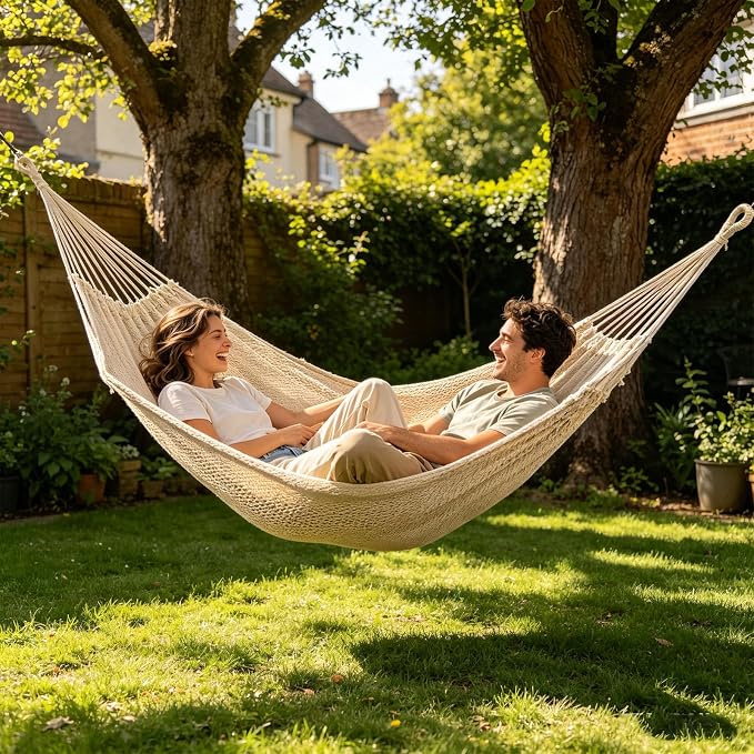 Double Mayan Handwoven Cotton Rope Hammock for Outdoor Indoor Patio Backyard, 79x59 Inch Bed, 480 lbs Capacity, 2 Person (White)