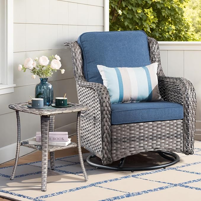 ovios Outdoor Patio Side Table with Tempered Glass Top Wicker Coffee Tables for Garden Porch Yard Deck Balcony, Grey Rattan