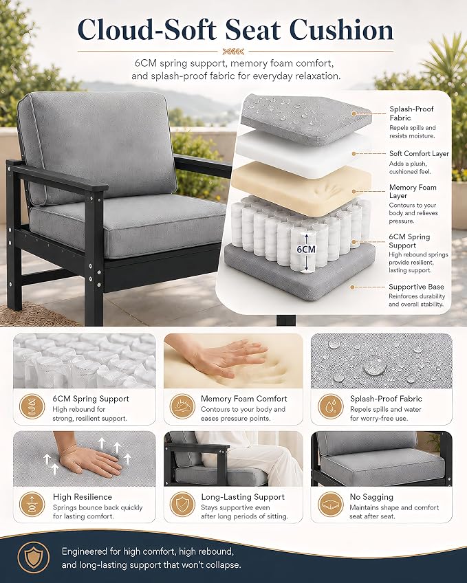 HDPE Outdoor Patio Furniture Set with Cushions, 6 Piece Patio Conversation Set Sofa Set,All Weather Outdoor Couch Set with Coffee Table for Lawn, Garden, Deck