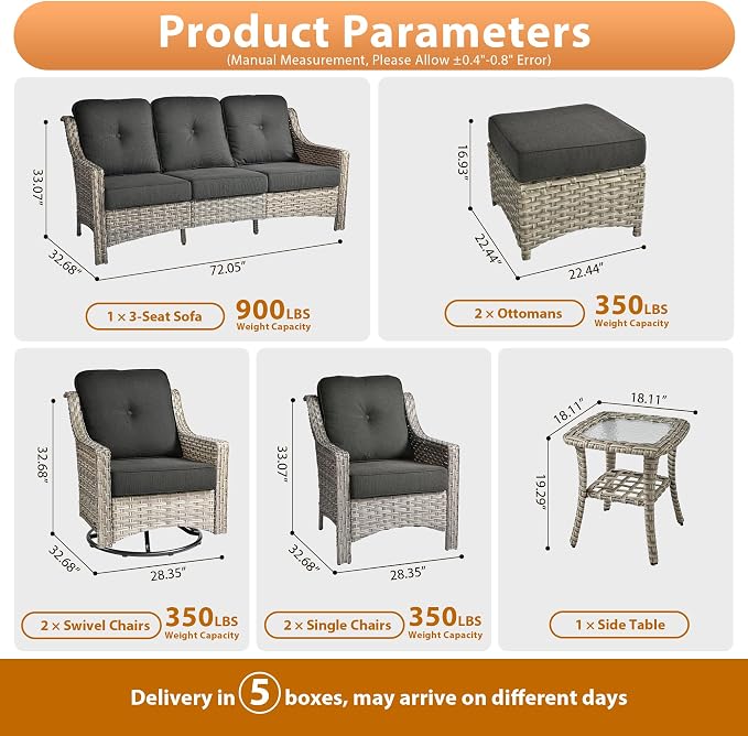 8 PCS Outdoor Patio Furniture Sets,Patio Conversation Sets Outside Rattan Soft Cushion Sofa with 2 Wicker Rocking Chairs Soft Cushion Fit Backyard Porch Garden Poolside Balcony,Black