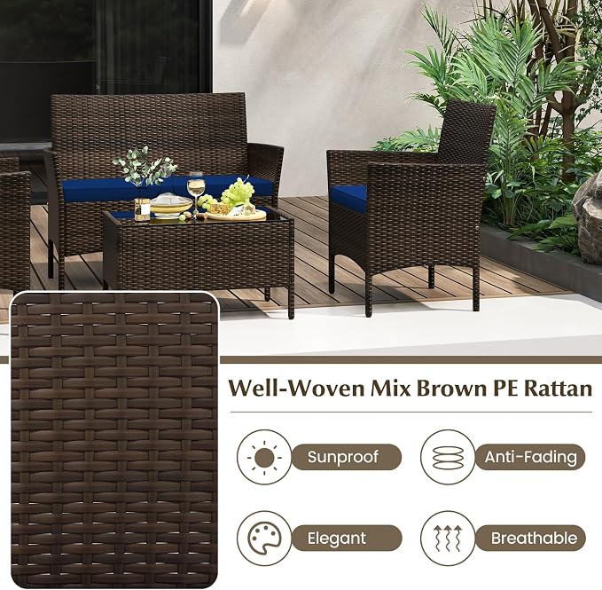 Tangkula 4 Piece Patio Rattan Conversation Set, Outdoor Wicker Furniture Set with Chair, Loveseat & Tempered Glass Table, Cozy Seat Cushions, Outside Sectional Sofa Set for Backyard
