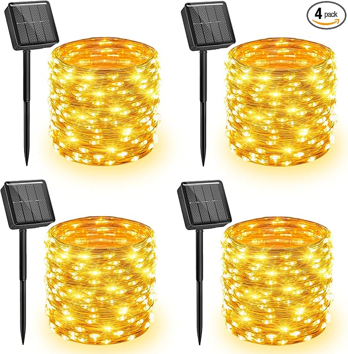 Minetom Solar Fairy Lights, 4 Pack Total 132 FT 400 LED Solar String Lights | IP65 Waterproof Twinkles Lights with 8 Modes, Christmas Lights Outdoor for Patio Party Garden Yard Tree Decor (Warm White)