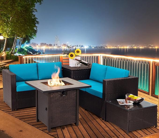 COSTWAY 5 Piece Patio Furniture Set with 30'' Fire Pit Table, Outdoor Wicker Rattan Loveseat Sofa with 4'' Thickened Cushions, 2 Side Tables, Sectional Conversation Set for Backyard (Turquoise)