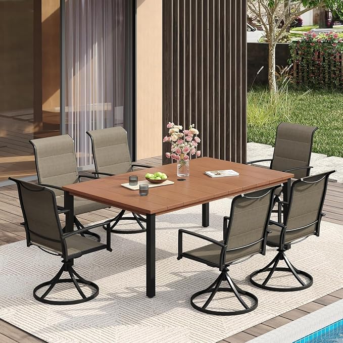 VICLLAX 63" Rectangle Outdoor Dining Table for 6, Patio Table with Umbrella Hole, All Weather Metal Patio Tables, Walnut Tabletop