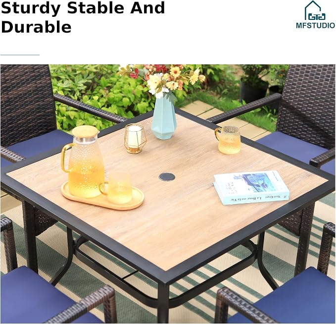 MFSTUDIO 5 Piece Patio Dining Table Set for 4, 37" Square Outdoor Metal Table & Wicker Chairs, Patio Dining Furniture Wood-Like Table and Chairs for 4, Deck, Yard, Porch