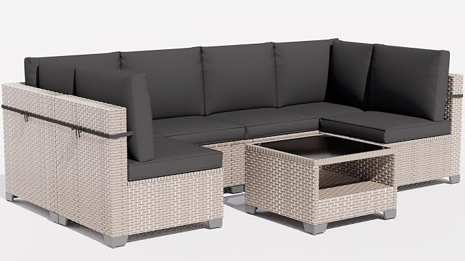 7 Pieces Patio Furniture Set, Outdoor Sectional Wicker Sofa with Thick Cushions and Storage Coffee Table, Rattan Patio Conversation Sets for Deck Yard Poolside, Black