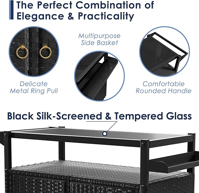 Xilingol Outdoor Bar Table, Wicker Bar Cart with Cabinet, Patio Serving Cart with Tempered Glass Top, Lockable Wheels, Rounded Handle & Side Basket for Garden, Poolside & Backyard, Black