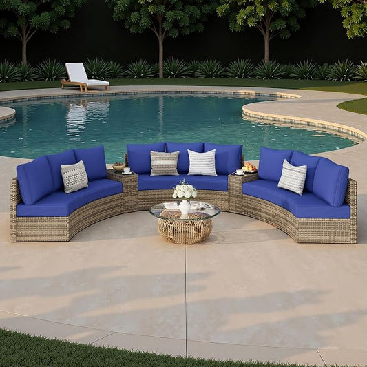 Jocisland 11-Piece All-Weather Wicker Conversation Set with Storage Table, Half-Moon Outdoor Sectional Sofa with Removable Cushions, Rattan Patio Furniture Set for Backyard, Garden & Deck, Blue